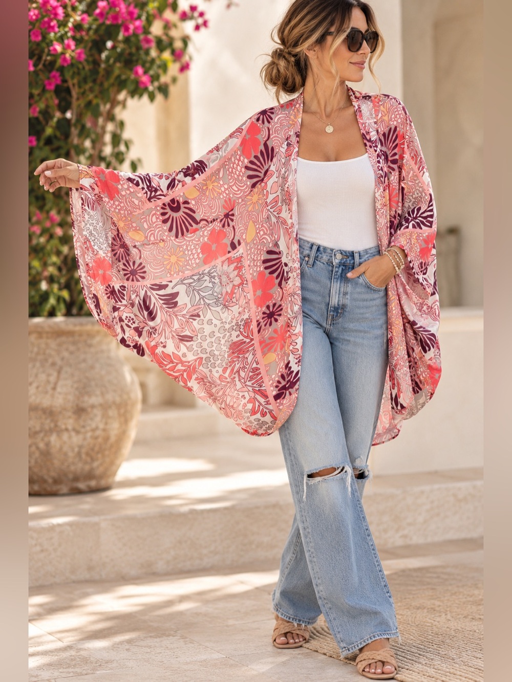 Anthropologie Floral Draped Cocoon Kimono Cardigan Pink Coral One Size